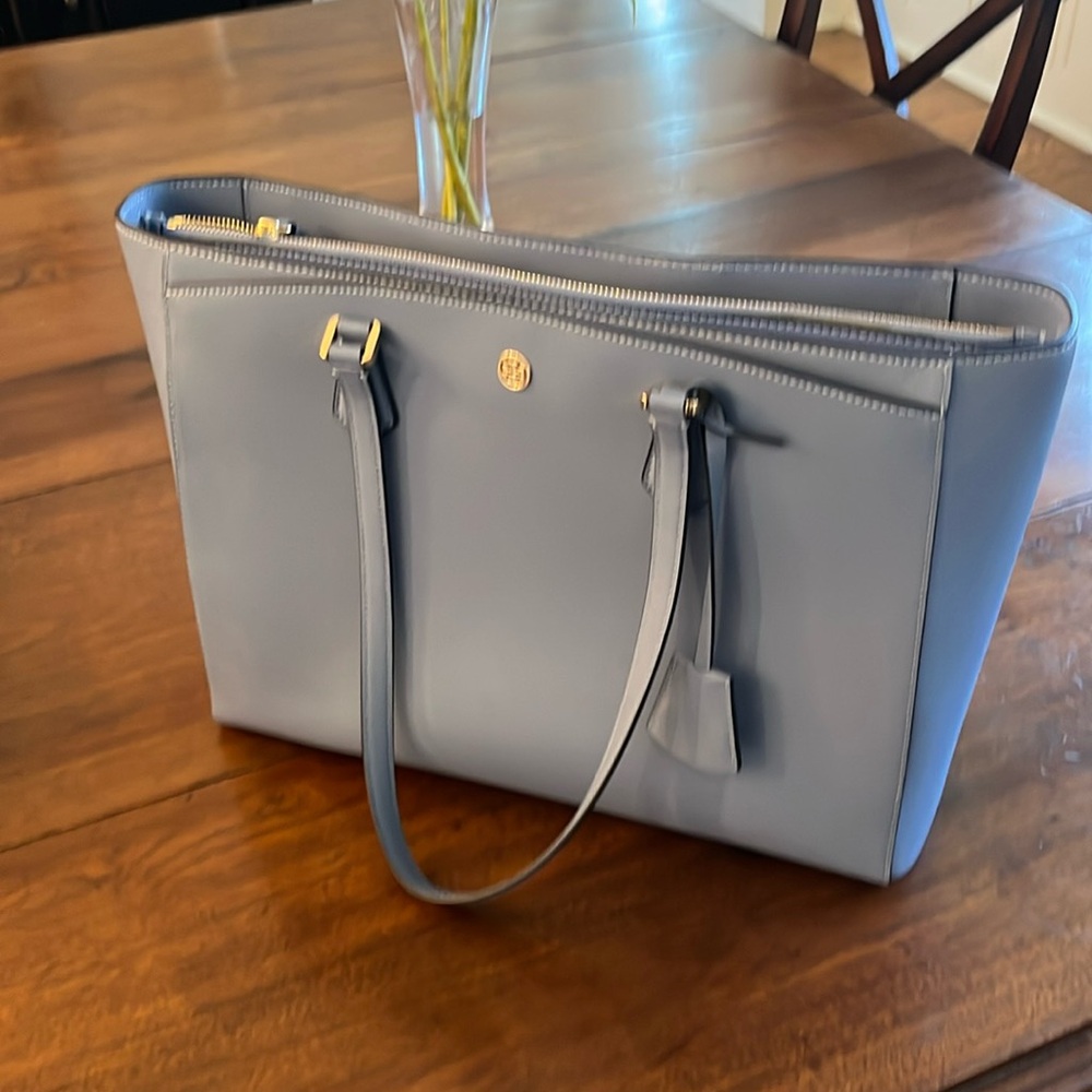 Large Tory Burch bag, light blue, leather